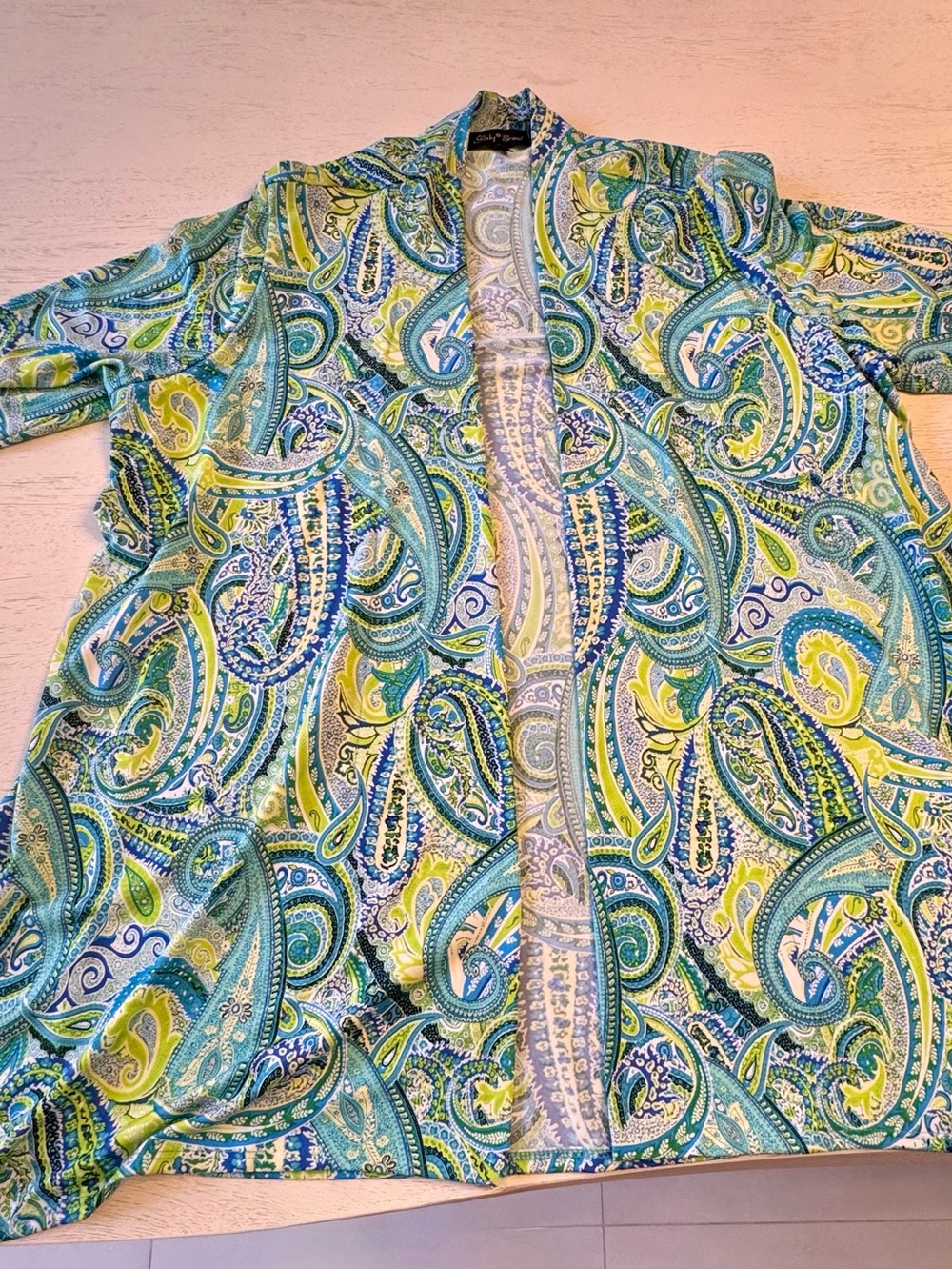 Slinky brand Blue, Green, Lime Paisley Open Cardigan, perfect for travel